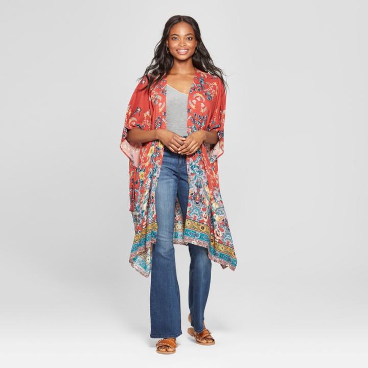 Women's Tie Sleeve Handkerchief Hem Floral Kimono - Xhilaration Red