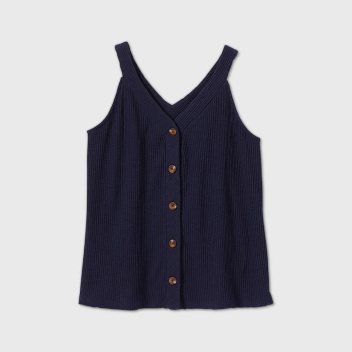 Women's Plus Size Button-front Tank Top - Ava & Viv Navy X, Blue