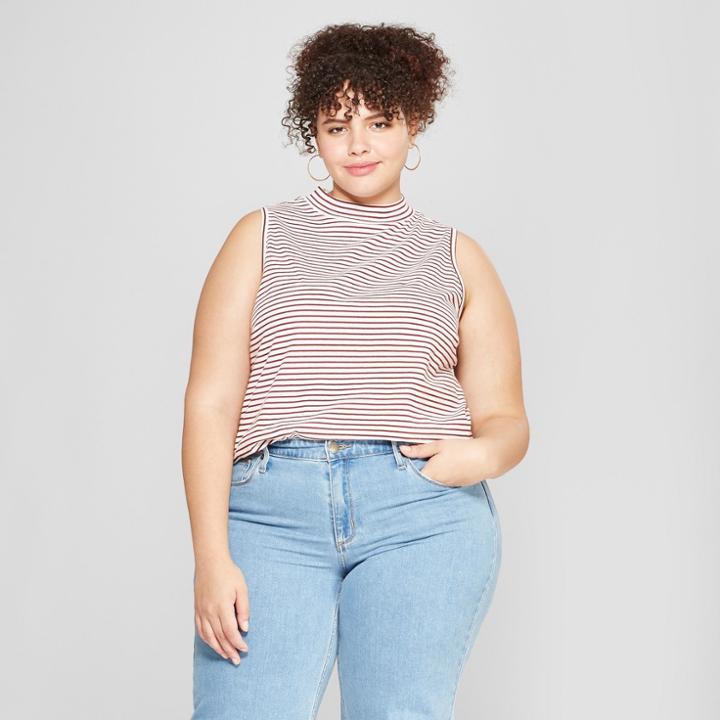 Women's Plus Size Striped Mock Neck Tank Top - Universal Thread Red