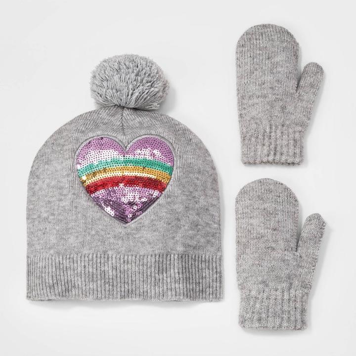 Toddler Girls' Sequin Heart Patch Beanie And Magic Mittens Set - Cat & Jack Gray