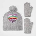 Toddler Girls' Sequin Heart Patch Beanie And Magic Mittens Set - Cat & Jack Gray