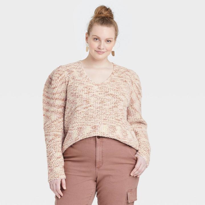 Women's Plus Size V-neck Pullover Sweater - Universal Thread Blush Pink