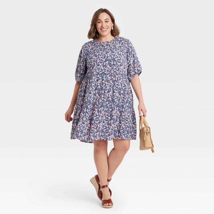Women's Plus Size Floral Print Short Sleeve Babydoll Dress - Knox Rose Purple