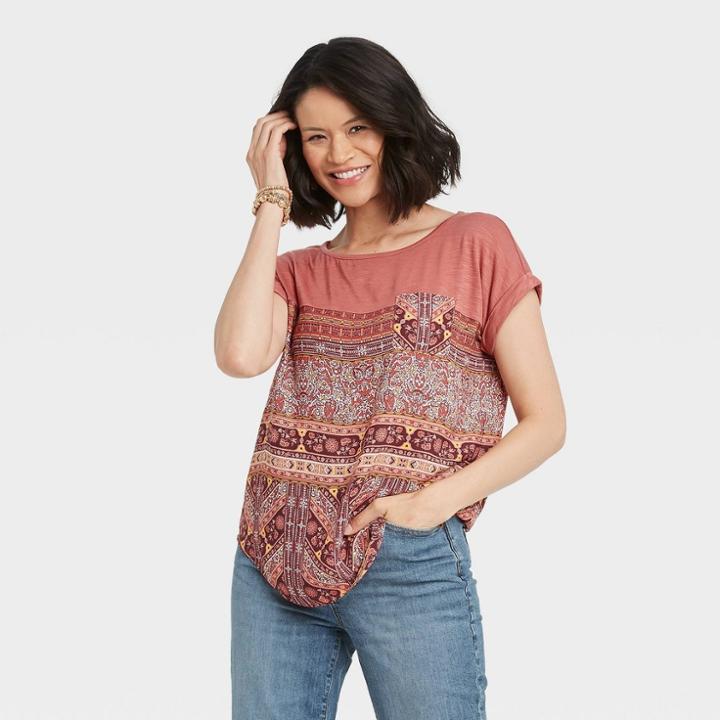 Women's Short Sleeve Blouse - Knox Rose Purple Ikat Print