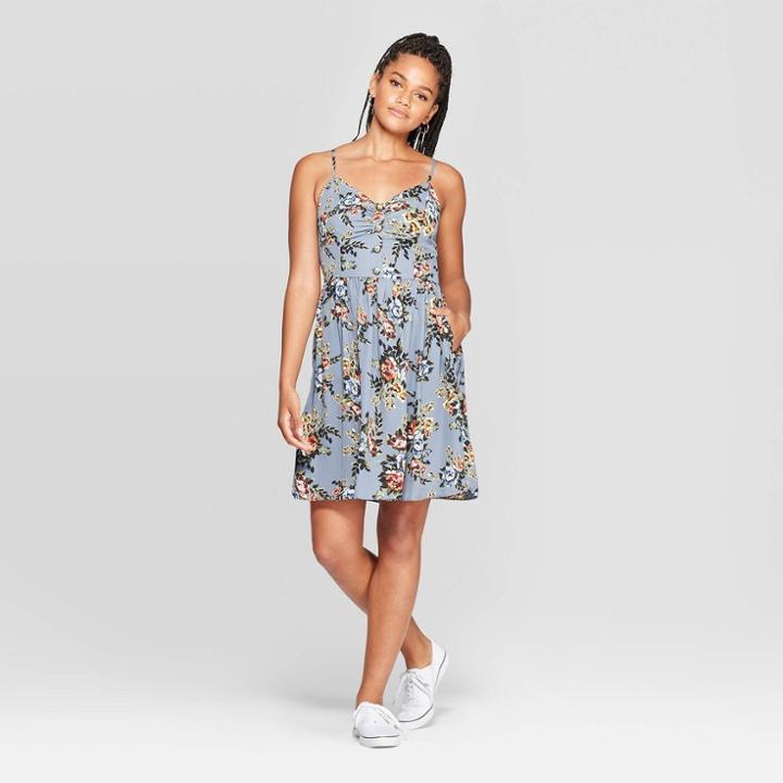 Women's Floral Print Sleeveless Deep V-neck Button Front Mini Dress - Xhilaration Light Blue
