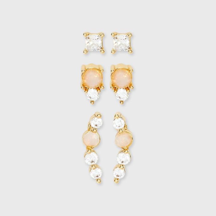 14k Gold Dipped Cubic Zirconia Trio Stud Earring Set - A New Day Clear