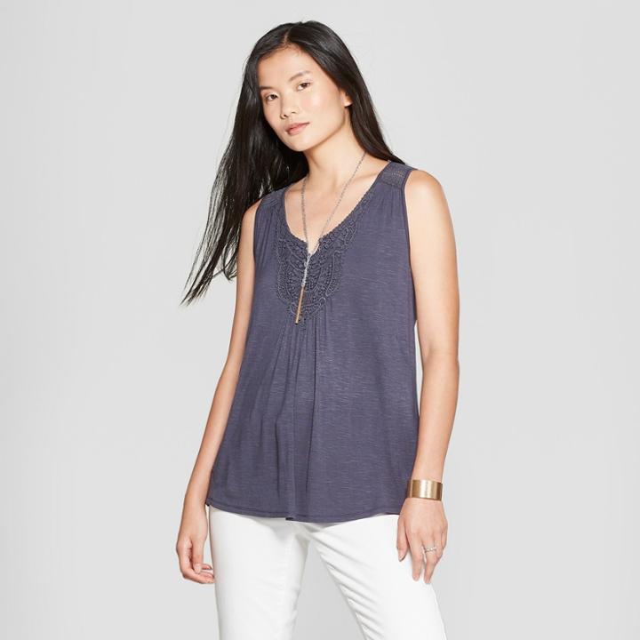 Women's Knit Lace Trim Tank Top - Knox Rose Iron Gray