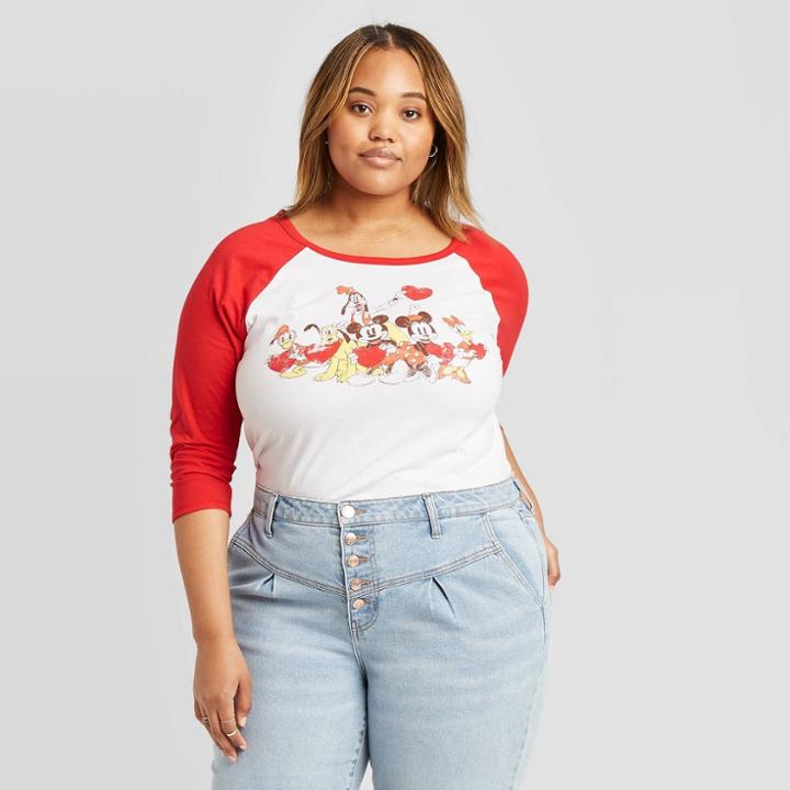 Women's Disney Mickey And Friends Plus Size Raglan 3/4 Sleeve T-shirt (juniors') - White/red 2x, Women's,