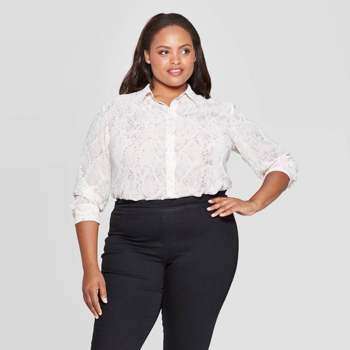 Women's Plus Size Snake Print Long Sleeve Collared Button-up Blouse - Ava & Viv Brown