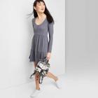 Women's Long Sleeve Round Neck Tiered Babydoll Mini Dress - Wild Fable Blue/gray Xs, Women's, Blue Gray