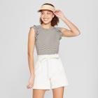 Women's Striped Ruffle Knit Tank - A New Day Olive/white (green/white)