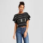 Women's Striped Short Sleeve Tie Back Top - 3hearts (juniors') Black Xl, Black Off-white