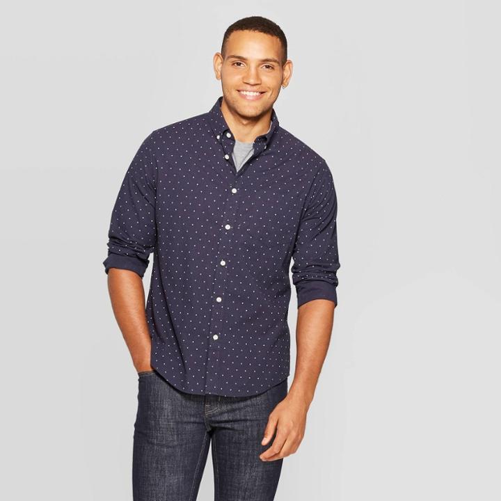 Men's Standard Fit Long Sleeve Northrop Poplin Button-down Shirt - Goodfellow & Co Night Sky S, Men's, Size: Small, Black Blue