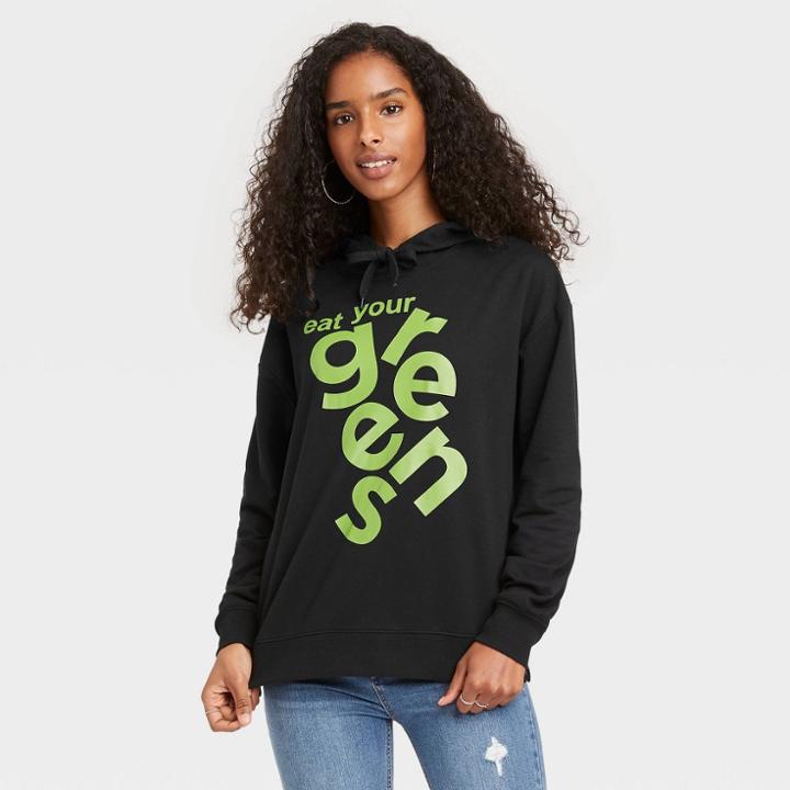 Well Worn Black History Month Women's 'eat Your Greens' Hooded Sweatshirt - Black