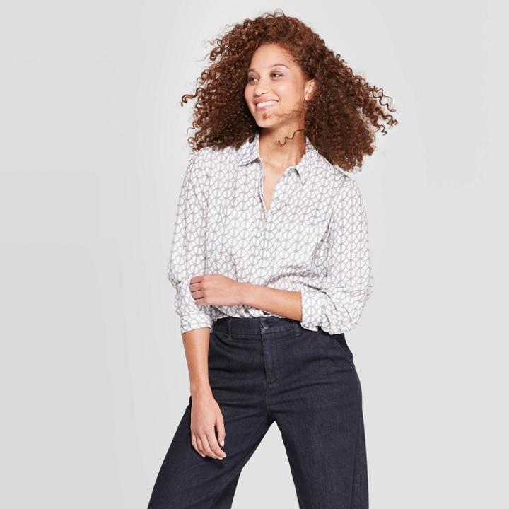 Women's Geometric Print Relaxed Fit Long Sleeve Collared Button-down Blouse - A New Day White