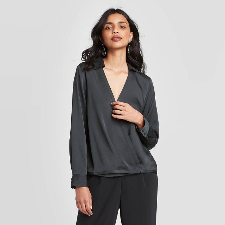 Women's Long Sleeve V-neck Satin Top - A New Day Dark Gray Xs, Women's, Dark Green