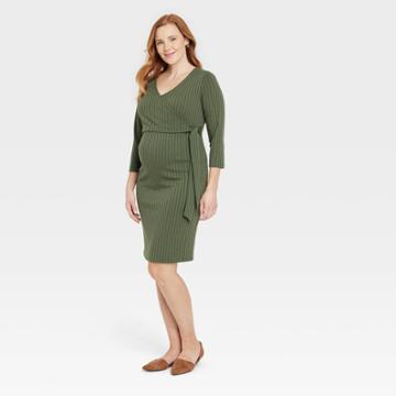 3/4 Sleeve Faux Wrap Knit Maternity Dress - Isabel Maternity By Ingrid & Isabel Green