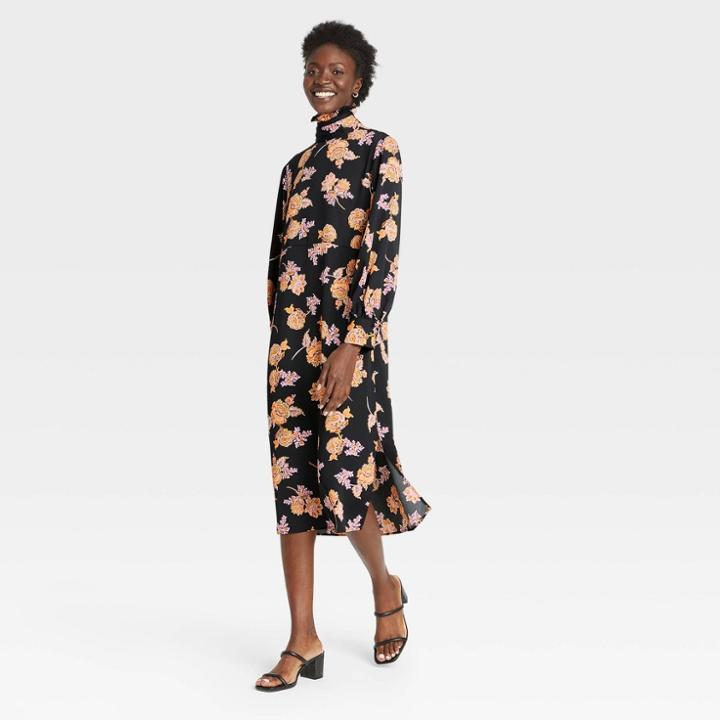 Women's Balloon Long Sleeve Shift Dress - Who What Wear Black Floral