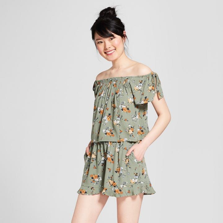 Women's Short Sleeve Floral Blouse W Shoulder Ties - Xhilaration Green