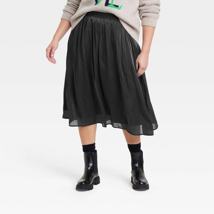 Women's Plus Size Pleated Midi Skirt - A New Day Black