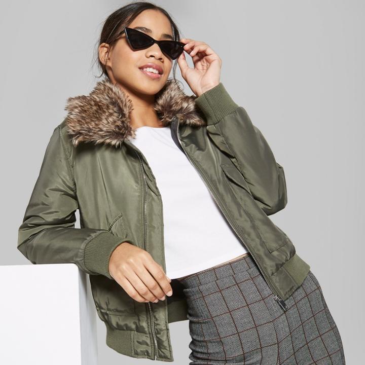 Women's Removable Faux Fur Collar Bomber Jacket - Wild Fable Olive (green)