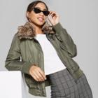 Women's Removable Faux Fur Collar Bomber Jacket - Wild Fable Olive (green)