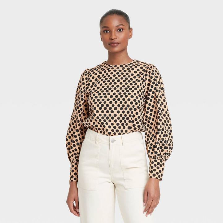 Women's Polka Dot Balloon Long Sleeve Button-back Top - Who What Wear Cream