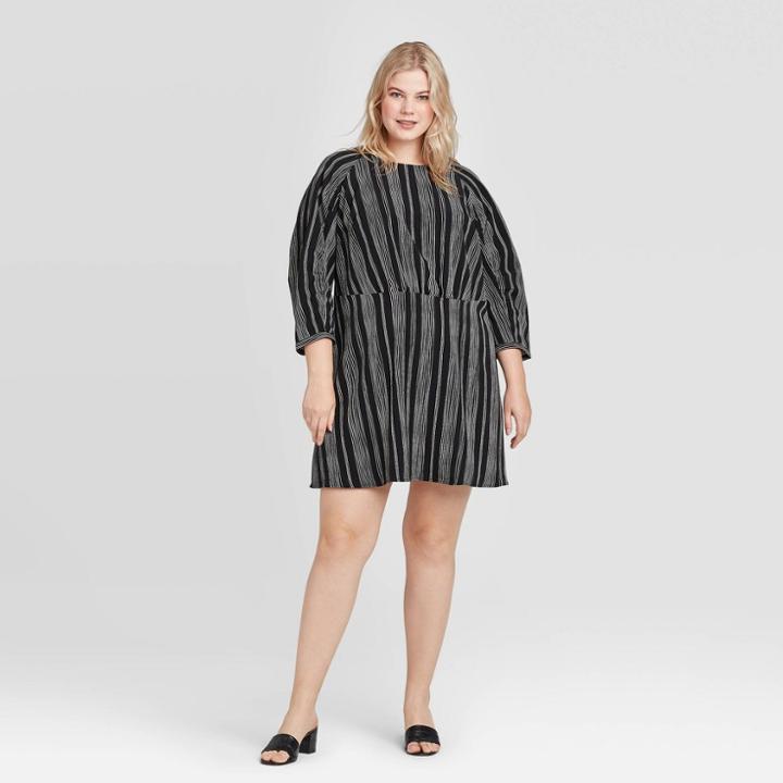 Women's Plus Size Striped Long Sleeve Boat Neck A Line Mini Dress - Who What Wear Black 1x, Women's,