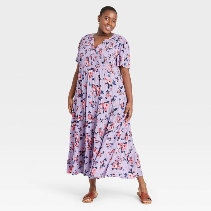 Women's Plus Size Floral Print Short Sleeve Dress - Knox Rose Purple