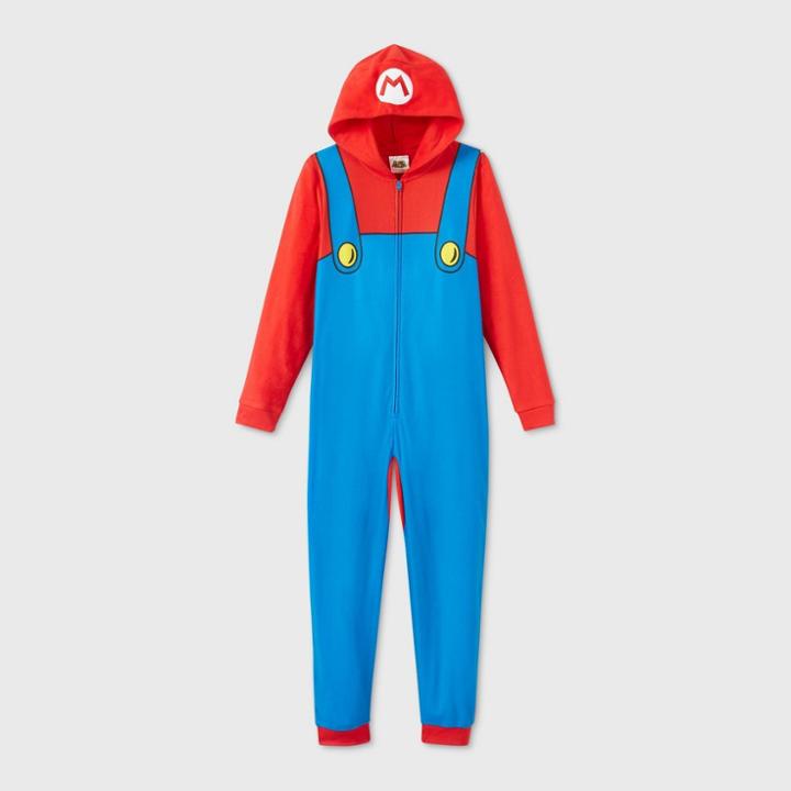 Nintendo Boys' Super Mario Blanket Sleeper Union Suit - Xs, Blue/black/red