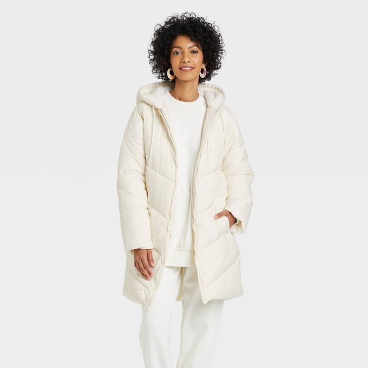 Women's Mid Length Matte Puffer Jacket - A New Day Cream