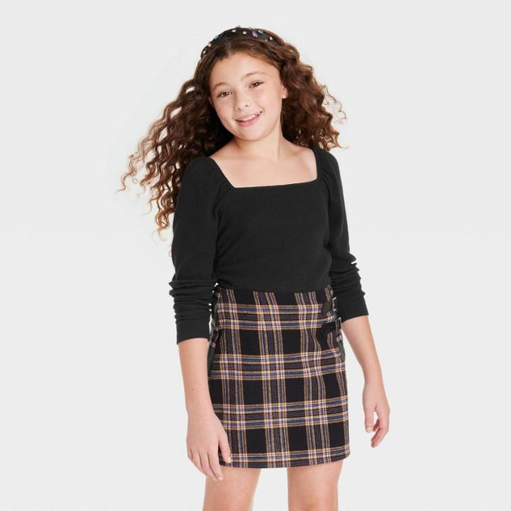 Girls' Square Neck Ribbed Long Sleeve Top - Art Class Black