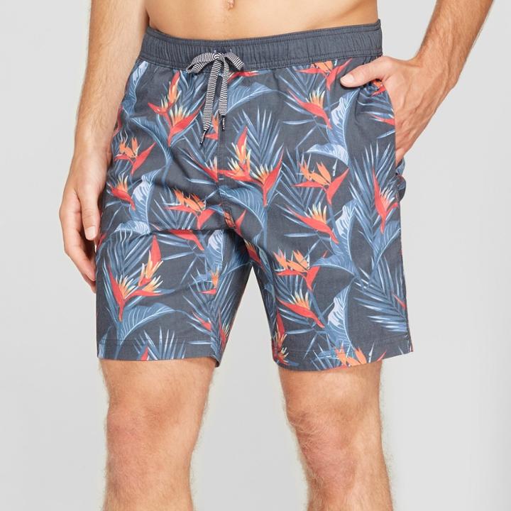 Trinity Collective Men's Floral Print 7.5 Elastic Waist Board Shorts - Dark Blue