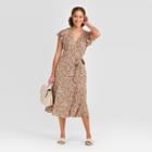 Women's Animal Print Flutter Cap Sleeve V-neck Wrap Midi Dress - A New Day Brown