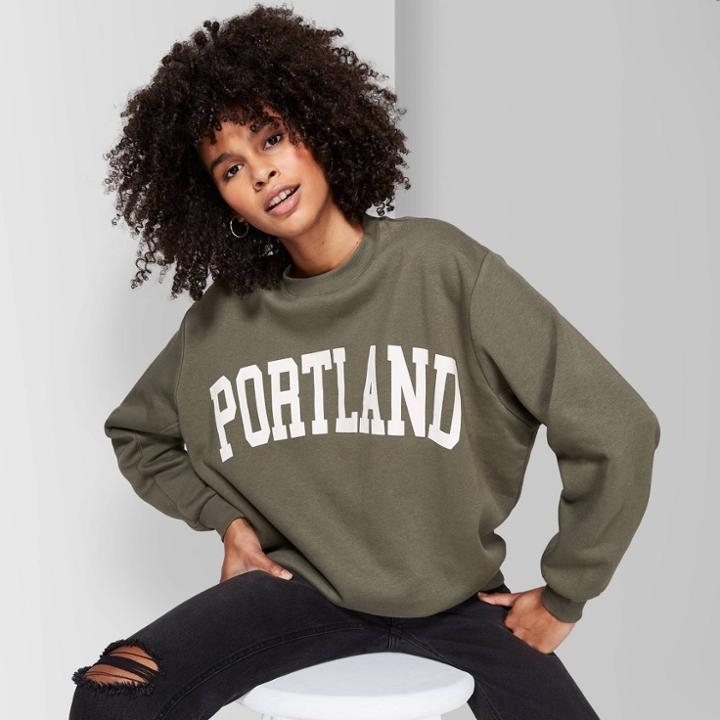 Women's Oversized Long Sleeve Crewneck Sweatshirt Portland Graphic - Wild Fable Olive M, Women's, Size: