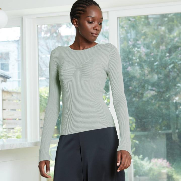 Women's Crewneck Fine Knit Rib Pullover Sweater - Prologue Green