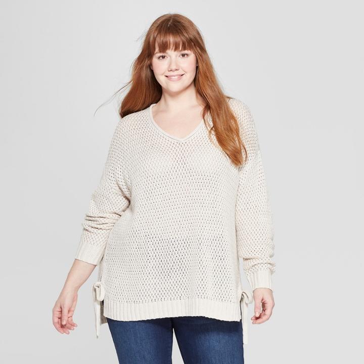Women's Plus Size Long Sleeve Crew Neck Side Tie Tunic Sweater - Universal Thread Natural