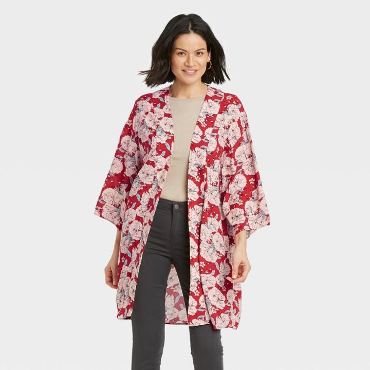 Women's Floral Print 3/4 Sleeve Wrap Jacket - Knox Rose Red