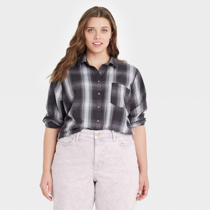 Women's Plus Size Plaid Long Sleeve Button-down Shirt - Universal Thread Gray