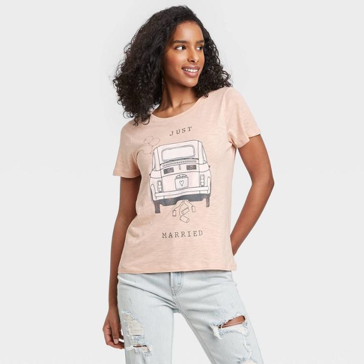 Grayson Threads Women's Just Married Short Sleeve Graphic T-shirt - Peach