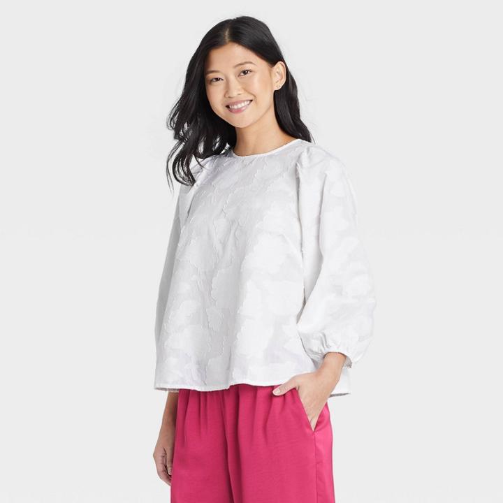 Women's 3/4 Sleeve Jacquard Top - A New Day Cream