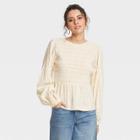 Women's Plaid Puff 3/4 Sleeve Smocked Blouse - Universal Thread Cream