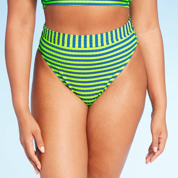 Women's Ribbed High Leg High Waist Bikini Bottom - Xhilaration Blue Stripe L, Women's,