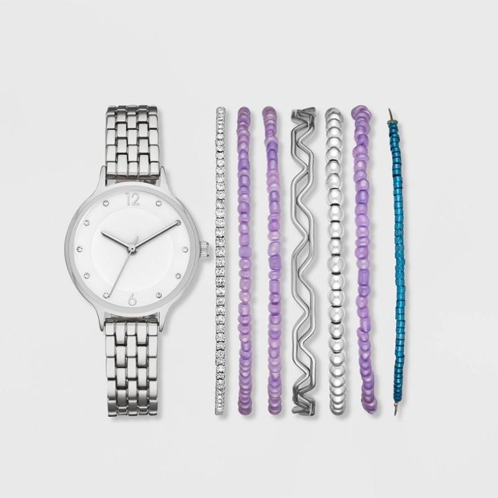 Women's Bracelet Watch Set - A New Day Silver/purple, Purple