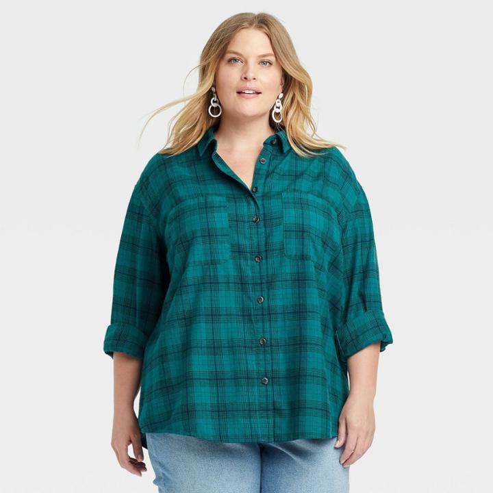 Women's Plus Size Plaid Long Sleeve Button-down Flannel Tunic Top - Ava & Viv Teal X, Blue