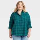 Women's Plus Size Plaid Long Sleeve Button-down Flannel Tunic Top - Ava & Viv Teal X, Blue