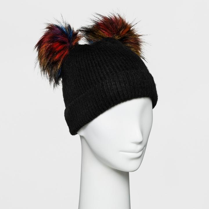 Women's Faux Angora Fur Pom Beanie - Wild Fable Black