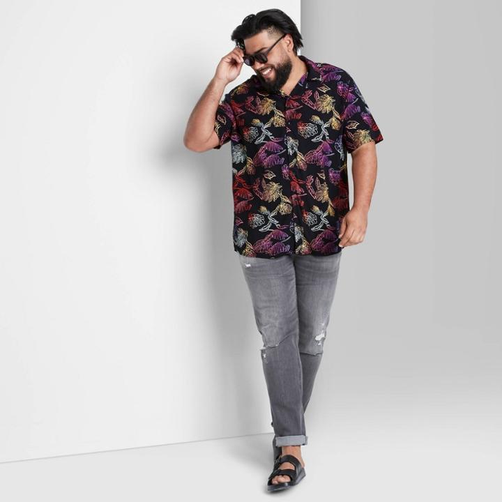 Adult Extended Size Printed Casual Fit Short Sleeve Button-down Shirt - Original Use Black/leaf