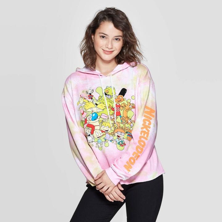 Nickelodeon Women's Nickeldeon Tie Dye Long Sleeve Cropped Hoodie Sweatshirt (juniors') - White/pink