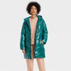 Women's Mid Length Wet Look Puffer Jacket - A New Day Teal Xs, Turquoise Blue